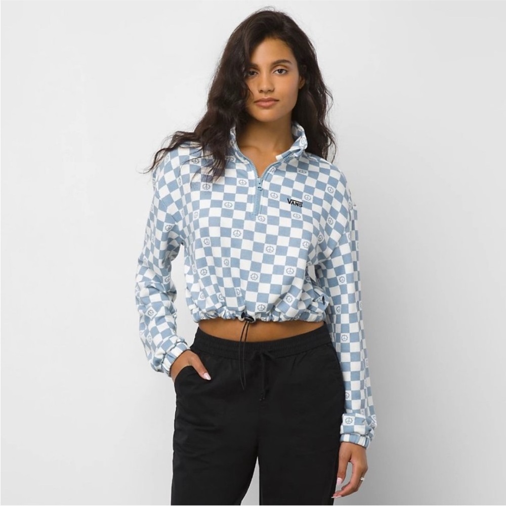 Vans Women's Blue Checkered Quarter-Zip Cropped Pullover